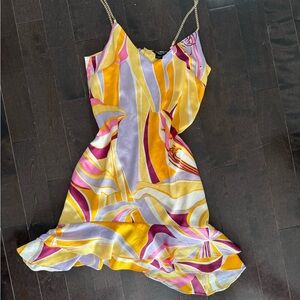 Marciano Yellow Multicolor Satin Slip Dress with Chain Straps